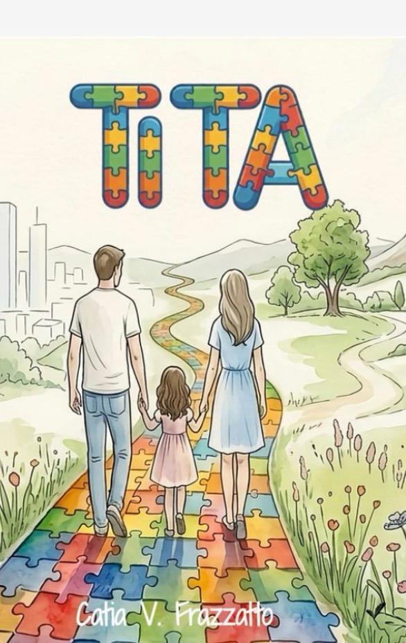 Capa do livro Tita, de Cátia V. Frazzatto, com uma família caminhando por uma estrada de peças de quebra-cabeça coloridas.